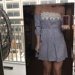 Pin striped off the shoulder dress